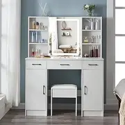 Vanity Desk with Mirror and Lights,Large Vanity Table and Stool with Drawers, LED Mirror Stepless Dimmable & 3 Color Modes Adjustable, White Dressing Table (100CM)