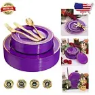 Sturdy 200PCS Purple Dinner Plates & Gold Cutlery Set - Perfect for Celebrations