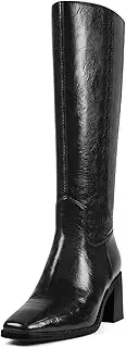 [VOZTOLLS] Women's Knee High Boots Chunky Heel Square Toe Tall Boots High Block Heel Side Zipper Fashion Long Boots