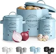 Virklyee® Set of 3 Potato, Onion and Garlic Tin Food Storage Container Kitchen Vegetable Storage Tins Fruit Pot Vegetable Basket Easy To Save (Blue)