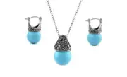 Solid 925 Sterling Silver Genuine Marcasite Turquoise Earring & Necklace Set