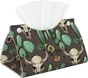 Tissue Box Cover PU Leather Tissue Box Holder Skull of Bull and Cute Cactus Decorative Tissue Box Modern Facial Tissue Case Waterproof Facial Paper Organizer Dispenser for Bathroom Office Car