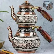 Copper Turkish TeaPot Tea Kettle Pots Set for Stove Top Stovetop Decorative Infuser Vintage Antique Arabic Farmhouse Glasses Tray Cups Serving Party Moroccan Decor Style Persian Kitchen Women