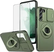 [Asuwish] Phone Case for Samsung Galaxy S21 5G 6.2 inch with Slide Camera Cover Tempered Glass Screen Protector Stand Ring Holder Rugged Slim Cell S 21 21S G5 Women Girls Boys Men Green