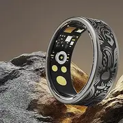 Little Meatball Smart Ring - Fitness Tracker with Sleep Monitor, Pedometer & 20+ Exercise Modes, IP68 Waterproof, USB Rechargeable, Stainless Steel Retro-Fashion (Black) (8#18.2mm)