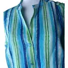 NWT LINEN Kim Rogers Sleeveless Blue/Green Top Sz L Button Split V-neck Striped