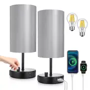 Set of 2 Table Lamps with USB A+C Charging Ports & AC Outlet, Fully Dimmable ...