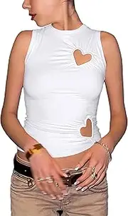 [KIGRAD] Women Y2k Love Heart Cut Out Ruched Crop Tank Tops Tight Fitted Crewneck Asymmetrical Vest Clean Girls Coquette