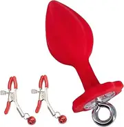Waterproof Pull Ring Butt Plug Silicone Butt Plug with Female Massage Adjustable Nipple Clamp Anal Sex Toy