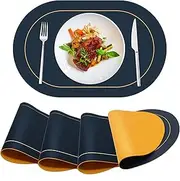 ANUNU Faux Leather Placemats Set of 4 - Double-Sided Color Oval Design Dining Table Mats Waterproof Heat Resistant Indoor Outdoor Home Decor Kitchen Table Placemats Navy Blue + Yellow