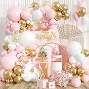 Pink and Gold Birthday Balloon Arch Kit, 121 Pieces, Party Decoration Set with Confetti Balloons and Backdrop