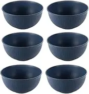 AIMALL 6pcs Dark Blue 15cm (5.9") Striped Wheat Straw Plastic Bowl Set, Microwave & Dishwasher Safe Student Rice & Instant Noodle Soup Bowls, Durable, Smooth Surface, Creative Design