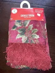 Trim a Home Chenille Throw Blanket Tapestry Fringed Edge 50” x 60” NEW Vintage