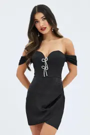 Black Diamante Bow Sweetheart Neckline Corset Dress - Size 14, Women's Bodycon Dress