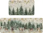 Xmas Trees Deer Snowflakes Christmas Kitchen Mats Set of 2, Winter Home Decor Lo