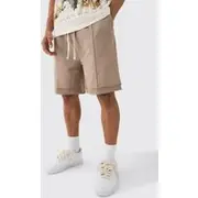 Mens Taupe Oversized Drop Crotch Rib Hem Loopback Short