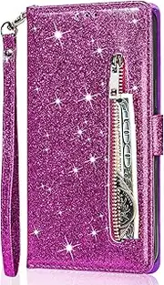 Samsung S23 FE Case Zipper Pocket Glitter Bling Flip Shockproof Leather Folio Wallet Case with Stand Silicone Bumper Protector Cover for Samsung Galaxy S23 FE Phone Cases for Girls Women, Purple