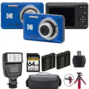 Kodak PIXPRO FZ55 Digital Camera (Blue) + Extra Battery + Flash - 64GB Kit