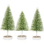 3 Green Bottle Brush Trees, frosted tips, wood base, 5 1/2", 6 1/2", 7 1/2" NWT