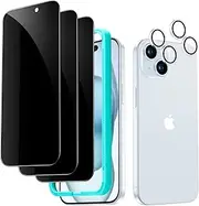 ESR 3+2 Pack for iPhone 15 Plus Privacy Screen Protector Set, Anti-spy Tempered-Glass Privacy Screen Protector, Micro-curved Edges, Case Friendly, 3-Pack with 2 Set of Individual Camera Lens Protector