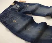 True Religion Faded Paint Splattered Distressed Indigo Straight Big Stitch Jeans