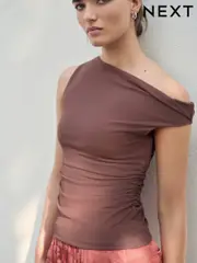 Rose Pink Aysmmetric Shoulder Sleevless Top (AW7464) | $53