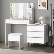 ALFORDSON Dressing Table and Makeup Stool Set White Colour, Vanity Desk with Mirror, Drawers and Chest Cabinet, Dresser Organiser for Women Bedroom Dress Room