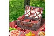 Alfresco 4 Person Picnic Basket Set Insulated Blanket Bag Red