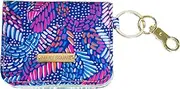 [Mary Square] Snap Closure ID Card Wallet With Key Hook, 3.5 x 4 Inch Canvas With Protective Coating, Mosaic Meadow, Pink/Blue, 3.5 x 4 Inch