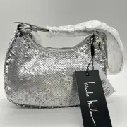 Nicole Miller Purse Womens Silver Sequin Small Hobo Leather Hand Bag Purse NEW