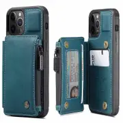 For Apple iPhone 12 Pro CaseMe Back Zipper Wallet Case W/ 3 Card Slots, RFID Blocking, 1 Money Pocket, Credit Card Holder Leather Cover (Teal Bllue)