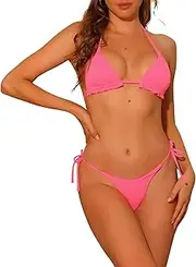 [Elerevyo] Women's Halter Ribbed Textured Swimsuits Bikini Sets, 2 Piece Tie SideTriangle Bottom Bathing Suit Hot Pink Large