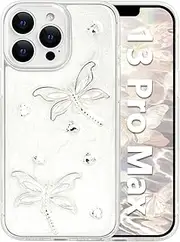 for iPhone 13 Pro Max 6.7" Case Cute Dragonfly Heart Diamond, Luxury 3D Bling Shine Aesthetic Girly Personalized Design, for Women Girls Transparent Pearl Adhesive TPU Phone Cover