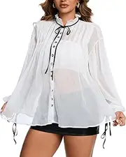 [Zebaexf] Women Mesh Sheer Button Shirt Long Sleeve Sexy See Through Top Blouse