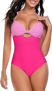 [Colloyes] Women's Push Up Twist Front Cutout One Piece Swimsuits Crisscross Back Bathing Suits Adjustable Straps Swimwear