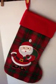 Vintage Christmas Stocking Plaid Santa Clause Applique Red Green White NWOT
