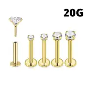 PAIR 20G 5/16" GEM CZ GOLD THREADLESS PUSH IN PIN STEEL LABRET RING TRAGUS STUD