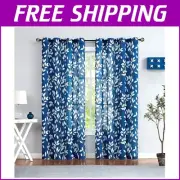 95" Long Navy Blue Grommet Curtains with White Leaf Print - Light Filtering Pair