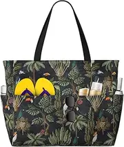 [Ghjkfbf] Watercolour Cactus Print Large Capacity Beach Travel Bag For Family, Beach Tote Bag For Women With Zipper Pockets, Black, One Size