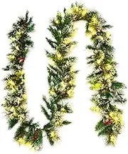 2.7M Christmas Garland, Pre-lit Artificial Xmas Garland, w/50 LED Lights, 130 PVC Tips & 50 Pine Needles, Red Berries, 6-Hour Timer, Xmas Indoor & Outdoor Hanging Decor Home Party Stairs Door Wall