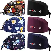 [Geyoga] 6 Pieces Adjustable Working Caps with Button Gourd Tie Back Bouffant Hats Sweatband Caps Breathable Hair Cover for Women Men