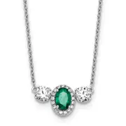 14k White Gold 1 1/8 Ct. Lab Grown Diamond VS/SI+ G+ and Created Emerald Three Stone 16 inch Necklace