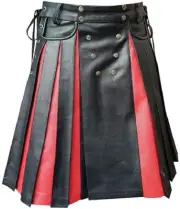 Men Kilt BLACK RED Leather Gladiator Pleated Utility FLAT FRONT Pocket Wrap