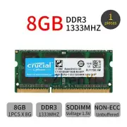 Crucial 8GB 1333MHz DDR3 PC3-10600 204Pin SODIMM Laptop Notebook Memory SDRAM BT