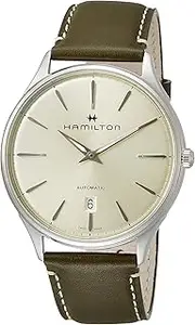 [Hamilton] Watch Jazzmaster Thinline Auto | Swiss Made | 40mm Stainless Steel Case | White Dial Analog Watch | Green Leather Strap (Model: H38525811), White, Modern