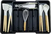 Alliebe Cutlery Drawer Organiser,Black Large Stretchable Silverware Organizer,Silverware Tray,Kitchen Multipurpose Store Spoons,Forks, Knives and Other Kitchenware Cutlery Storage Box