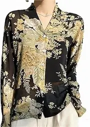 [Generic] Women's Floral Print Chiffon Blouse - V Neck Long Sleeve Boho Shirt Casual Loose Tops