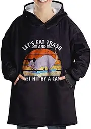 [Huglanket] Possum Gifts for Women & Men, Unique Wearable Blanket Hoodie For Possum Lovers, One Size Flannel Hooded Blanket - Black, Trash, Black - Trash