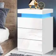 Bedside Table RGB LED White High Gloss with 3 Drawers and Lift up Storage Nights