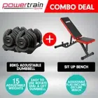 2x 40kg Powertrain Adjustable Dumbbells Home Gym Weight with Bench